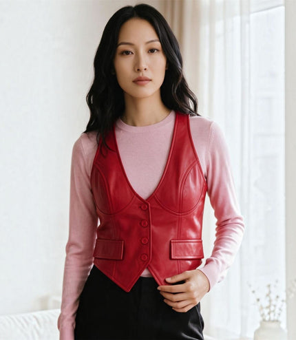 Womens Red Leather Waistcoat Biker Vest - MAM-WC
