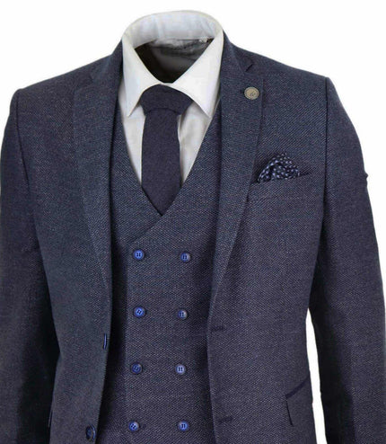 Mens Blue Wool 3 Piece Suit Double Breasted Waistcoat Tweed Peaky Blinders 1920s