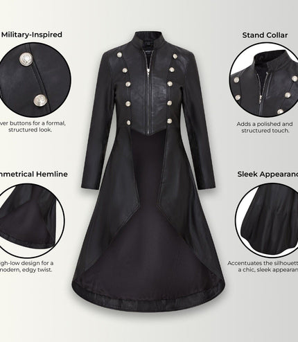 Womens Gothic Full Length Edwardian Leather Coat - Atlanta - Black