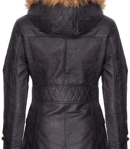 Womens Quilted Leather Parka Jacket-Brussels - Brown
