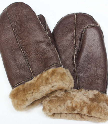 Unisex Brown Cream Real Sheepskin Leather Shearling Gloves Warm Mittens