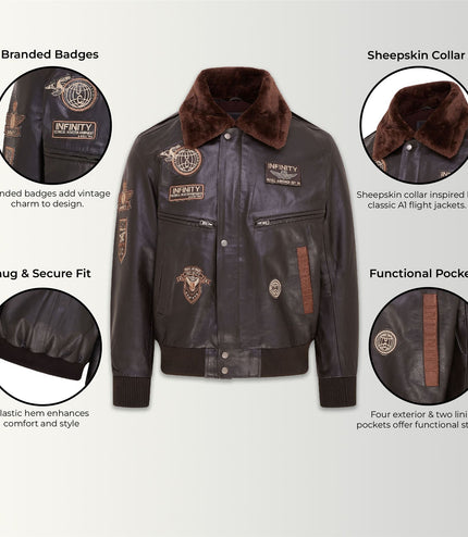 Mens Leather Bomber Jacket Air Force Badge Pilot Flying US Aviator Jacket - Brown