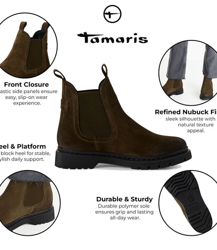 Tamaris Womens Olive Green Suede Leather Classic Chelsea Ankle Boots