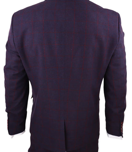 Mens 3 Piece Tweed Suit Plum Purple Check Peaky Blinders Classic 1920 Gatsby