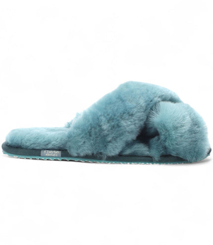 Women's Sheepskin Slippers Teal Warm Winter Fur Crossover - Snowbelle