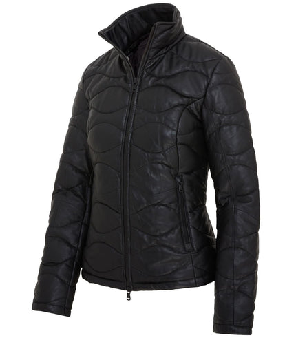 Womens Puffer Warm Quilted Leather Bomber Jacket - Black