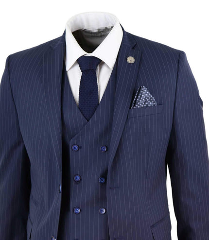 Men's 3 Piece Navy Blue Pinstripe Retro Suit