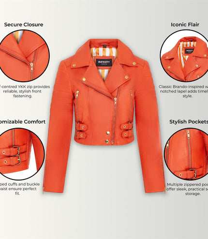 Womens Orange Cropped Brando Leather Biker Jacket-Longtown