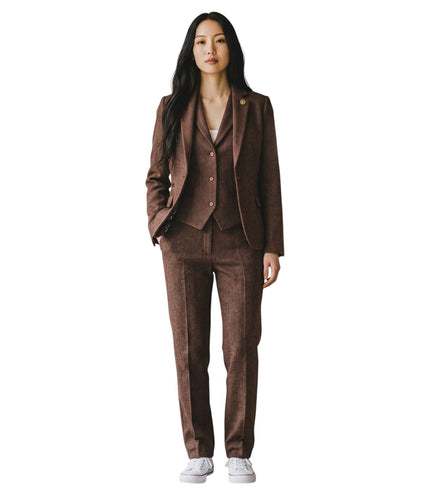 Women's Rust Brown Herringbone Wool Tweed Blazer Waistcoat 2 Piece Set - WS-1