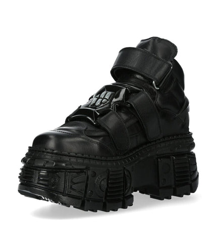New Rock Metallic Ankle Black Leather Boots-WALL285-S2