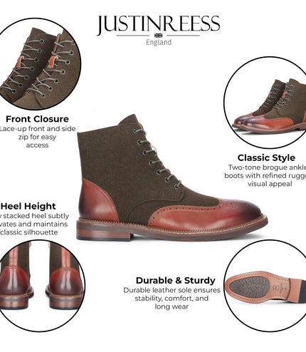 Justin Reess Men's Khaki Brown Brogue Leather Ankle Boots - Clifford
