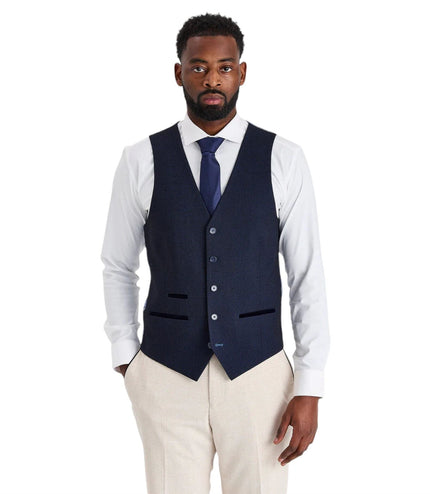Men's Check Cream Blazer Navy Waistcoat Wedding 3 Piece Suit - Regent