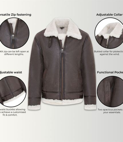 Mens Creck Brown Warm Sheepskin Aviator Zip-Up Flight Jacket-Harrogate
