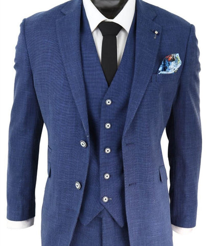 Mens 3 Piece Blue Linen Summer Spring Classic Suit