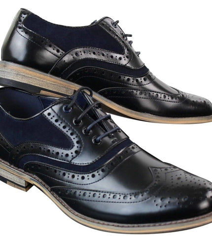 Mens Classic Navy Suede Oxford Brogue Shoes In Black Leather