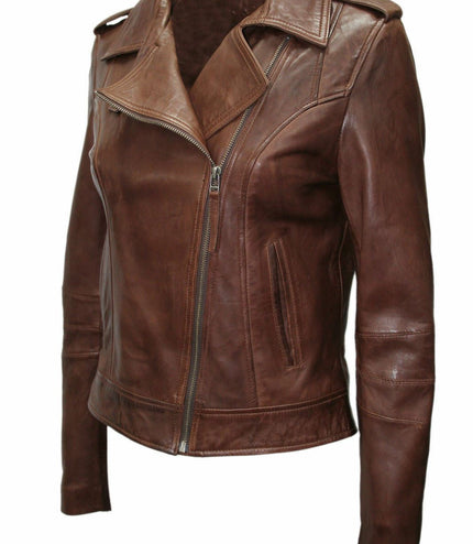 Womens Chestnut Leather Biker Jacket-Reynosa