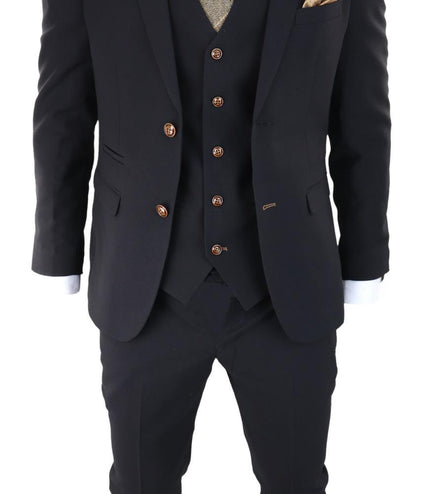 Mens Black 3 piece Suit Brown Trim Classic Birdseye Vintage Wedding Grooms