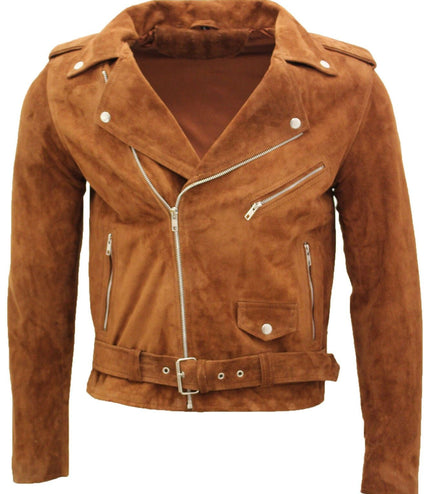 Mens Goat Suede Leather Brando Biker Jacket-Melbourne - Tan