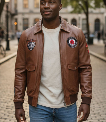 Men's Tan Brown Leather Bomber G-1 Aviator Collar Jacket  - Maverick