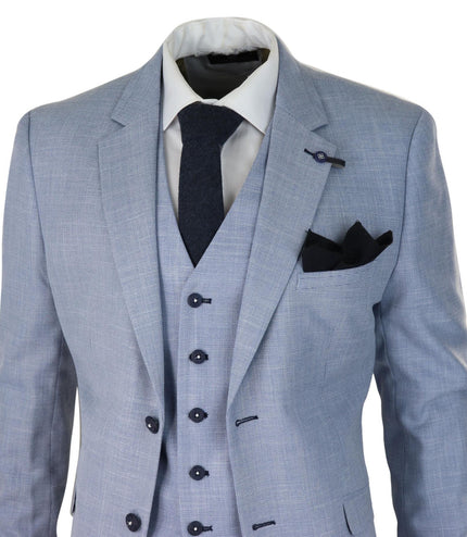 Mens 3 Piece Linen Suit Light Blue Summer Tailored Fit Wedding Prom Classic Suit