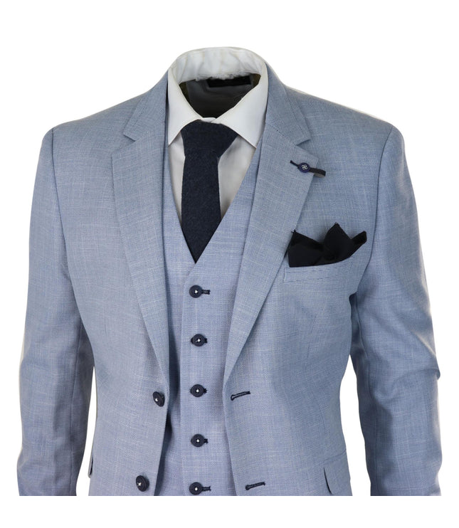 Mens 3 Piece Linen Suit Light Blue Summer Tailored Fit Wedding Prom Classic Suit