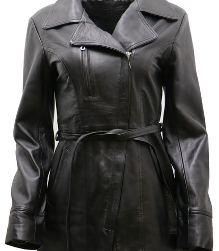 Womens Leather Long Biker Jacket-Muscat - Black