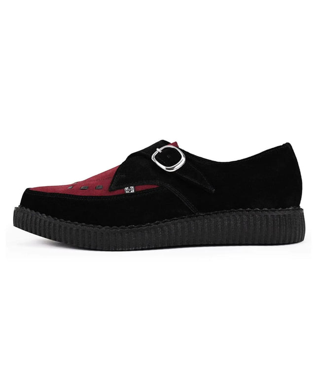 TUK Pointed Creeper Black Burgundy Suede Monk Buckle Platform Shoes - A9592