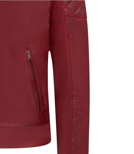 Mens Red Leather Quilted Shoulder Biker Jacket - Rock