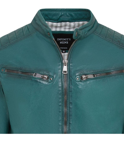 Men's Modern Classic Leather Quilted Biker Jacket - Derry - Forest Green