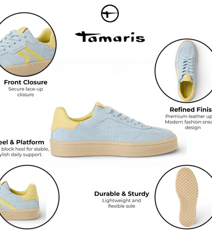 Tamaris Women's Blue Leather Yellow Stripes Trainers Sneaker Shoes
