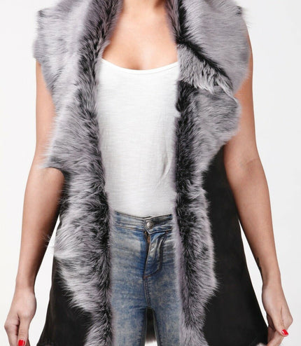 Women's Toscana Sheepskin Long Gilet-Sorocaba - Black Silver