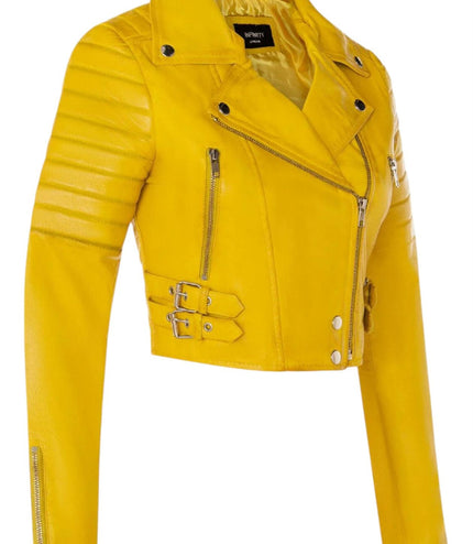 Womens Cropped Brando Leather Biker Jacket-Damascus - Silver