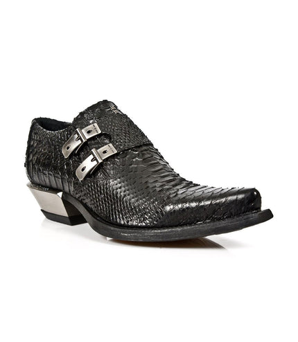 New Rock Embossed Python Black Leather Buckled Shoes-7934-S2