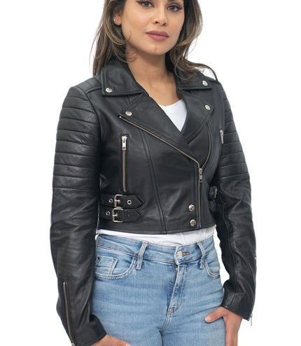 Womens Cropped Brando Leather Biker Jacket-Damascus - Burgundy