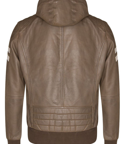 Mens Leather Hooded Retro Bomber Jacket - Skopje - Brown
