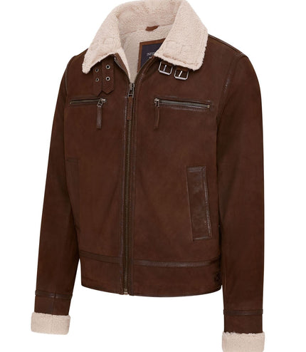 Mens Real Sheep Suede Bomber Jacket Aviator Jacket with Fur Lining - Brown