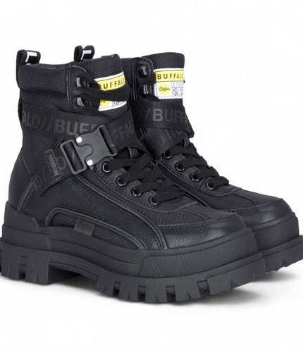 Buffalo Womens Black Chunky Platform High Ankle Combat Boots - ASPHA-COM1