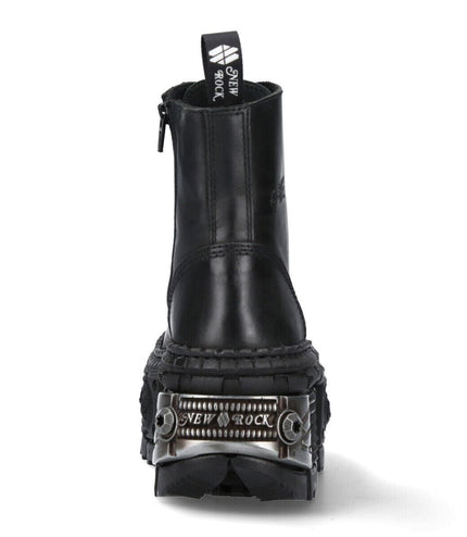 New Rock Metallic Black Leather Boots-WALL083C-S4