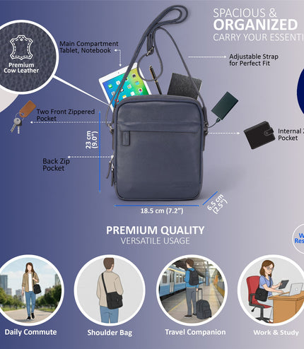 Genuine Leather Navy Vintage Messenger Crossbody Travel Bag - Hawthrone