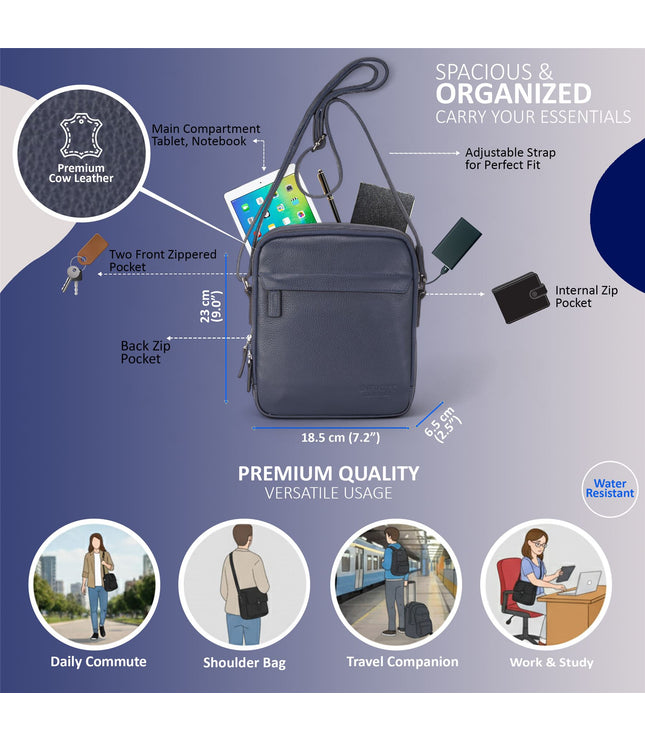 Genuine Leather Navy Vintage Messenger Crossbody Travel Bag - Hawthrone