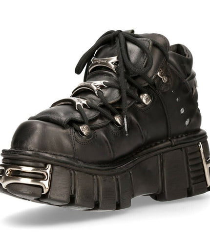 New Rock 106-S1 Black Gothic Leather Ankle Boots with metallic platform sole