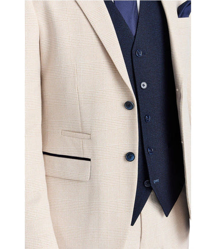 Men's Check Cream Blazer Navy Waistcoat Wedding 3 Piece Suit - Regent