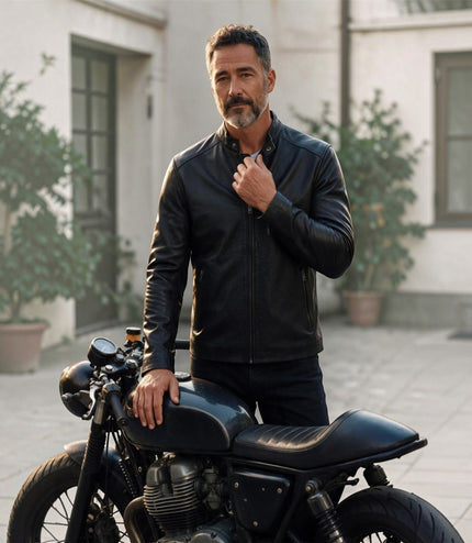 Mens Leather Black Stand Collar Cafe Racer Biker Jacket - E184