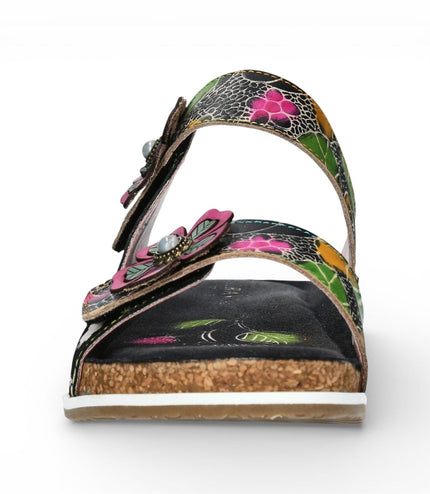 Laura Vita Women's Brcyano 32 Black Floral Leather Strappy Slipper Sandals