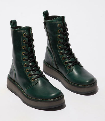Fly London Womens Green Rami043 Casual Leather Lace-Up Ankle Dress Boots