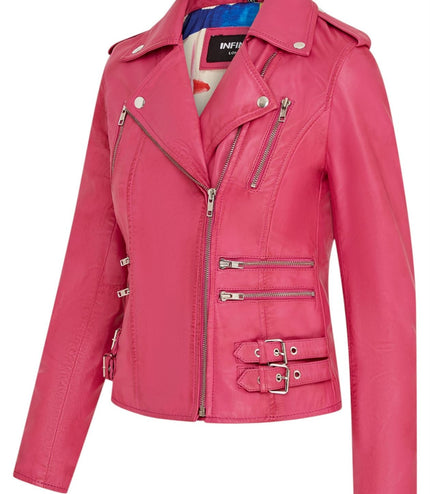Womens Leather Brando Biker Jacket-Orlando - Fuschia