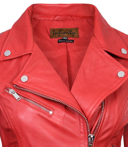 Womens Leather Classic Biker Brando Jacket-Baku - Red