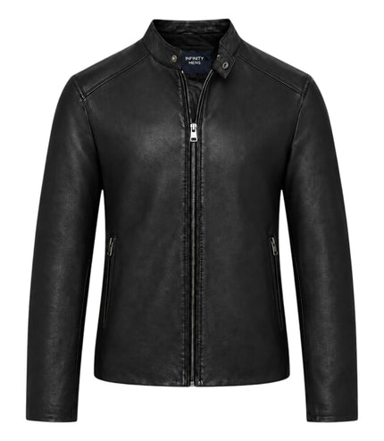 Mens Leather Black Stand Collar Cafe Racer Biker Jacket - E184