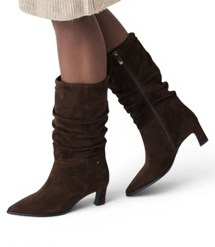 Tamaris Women's Mocca Brown Suede Mid-Calf Heeled Long Boots - 25308-47