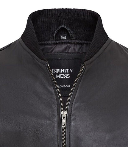 Mens Soft Leather MA-1 Varsity Bomber Jacket - Black
